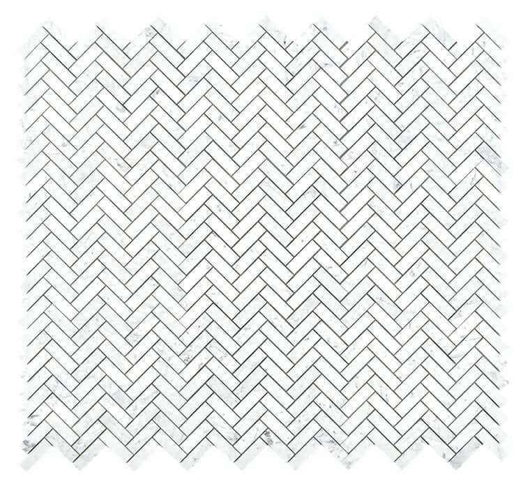 Chevron Long Carrara polished marble mosaic in white, featuring a striking elongated herringbone pattern.