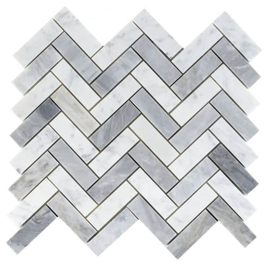 Chevron Long Loft marble mosaic in polished finish, featuring white and grey herringbone pattern.