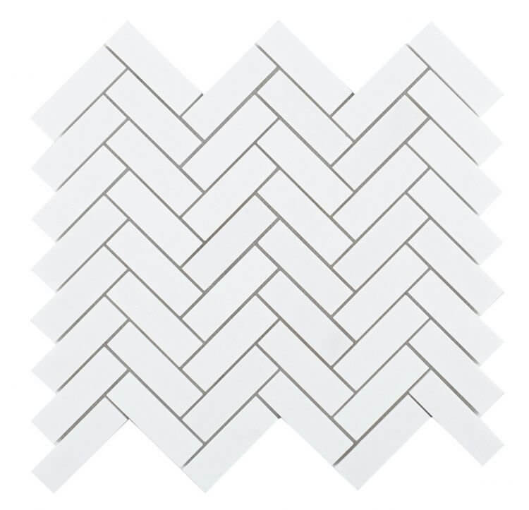 Modern 1x3 Chevron Long Thassos Marble Mosaic Tile in luminous white, featuring a sleek chevron pattern.