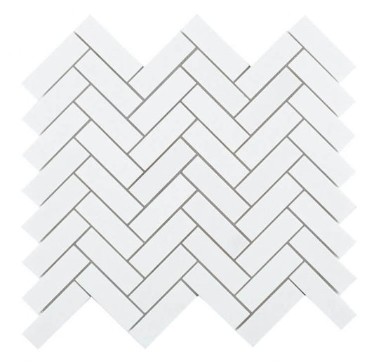 Modern 1x3 Chevron Long Thassos Marble Mosaic Tile in luminous white, featuring a sleek chevron pattern.