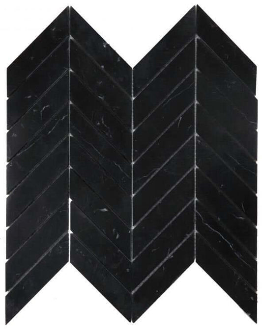 Chevron Marquina 10.75x11 polished Nero Marquina marble mosaic in a chevron pattern. Ideal for elegant spaces.
