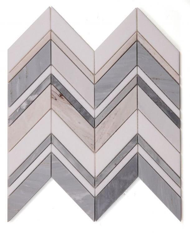 Chevron blue marble mosaic in a stylish pattern, 11.75x12.25, made from White Thassos and Palissandro Blue marble.