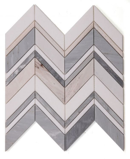 Chevron blue marble mosaic in a stylish pattern, 11.75x12.25, made from White Thassos and Palissandro Blue marble.