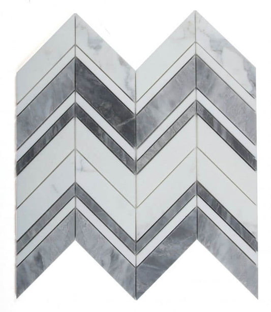 Chevron Ravenna Grey mosaic tile in Carrara and Bardiglio marble, 11.75x12.25, polished finish, ideal for luxury design.