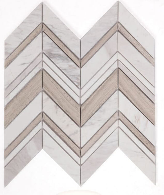 Chevron Ravenna Loft mosaic in Haisa Grey and Volakas White marble, polished finish, 11.75 x 12.25, perfect for modern decor.