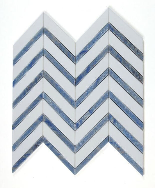 Chevron Royal Sapphire 12x12 marble tile featuring blue and white colors, suitable for mosaics and decorative tiling.