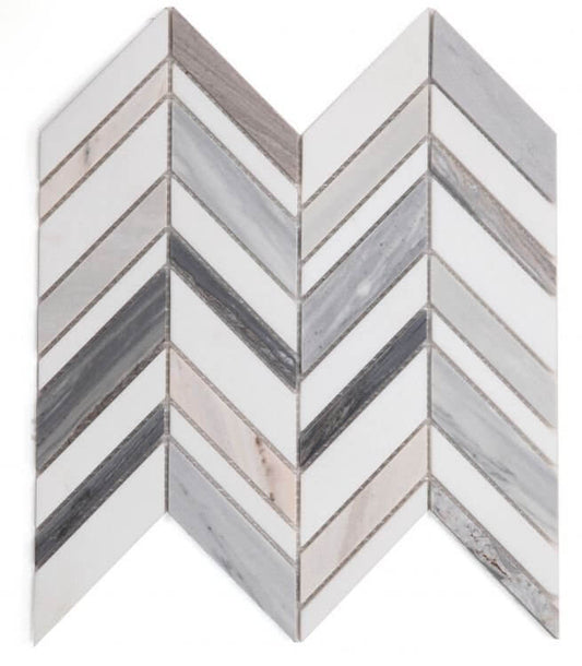 Chevron Shadow Blue mosaic tile in a chevron pattern, featuring Palissandro Blue and White Thassos marble, polished finish.