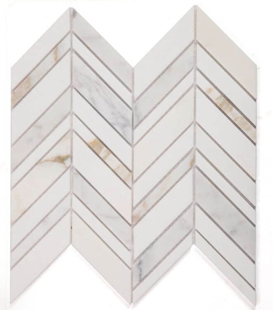 Chevron Shadow Calacatta mosaic tile in white and gold marble, 11.75 x 12 inches, polished finish perfect for elegant interiors.