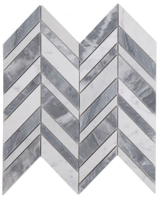 Chevron Shadow Lava mosaic tile in polished grey and white Carrara marble, 11.75x12 inches, ideal for elegant designs.