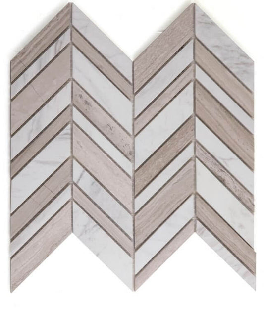 Chevron Shadow Loft mosaic tile showcasing Volakas White and Haisa Grey marble in a chevron pattern, polished finish.