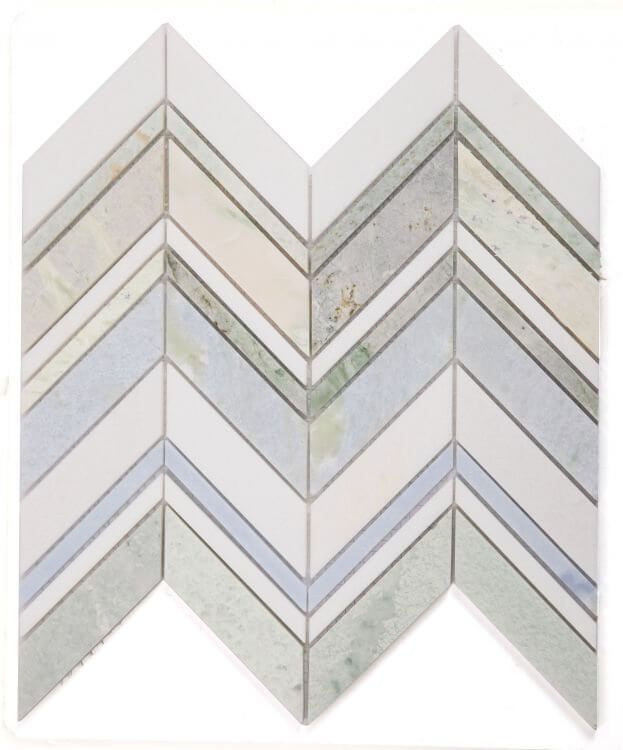 Chevron Spring Blue Marble Mosaic 11.75 x 12.25 with Green Onyx and White Thassos tiles.
