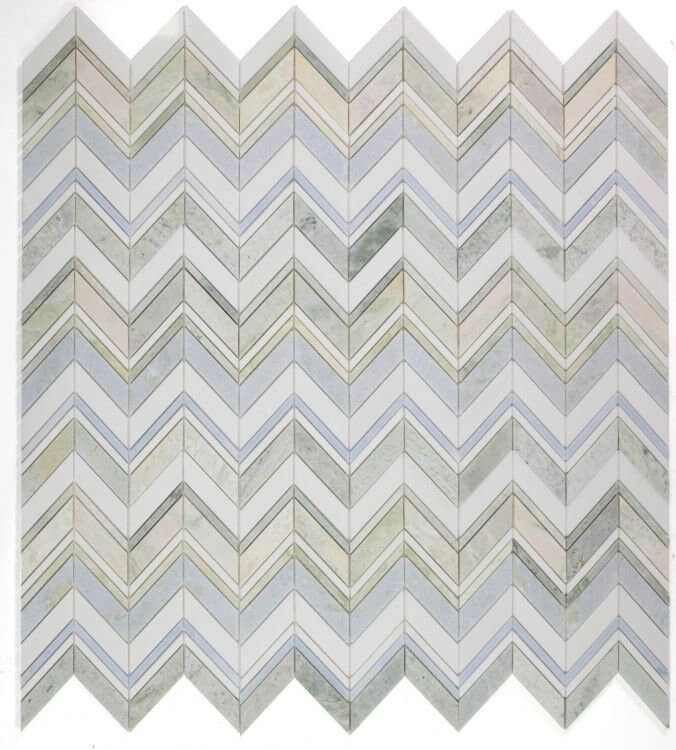 Chevron Spring Marble Mosaic in Green Onyx, Argentina Blue, and White Thassos, dimensions 11.75 x 12.25.