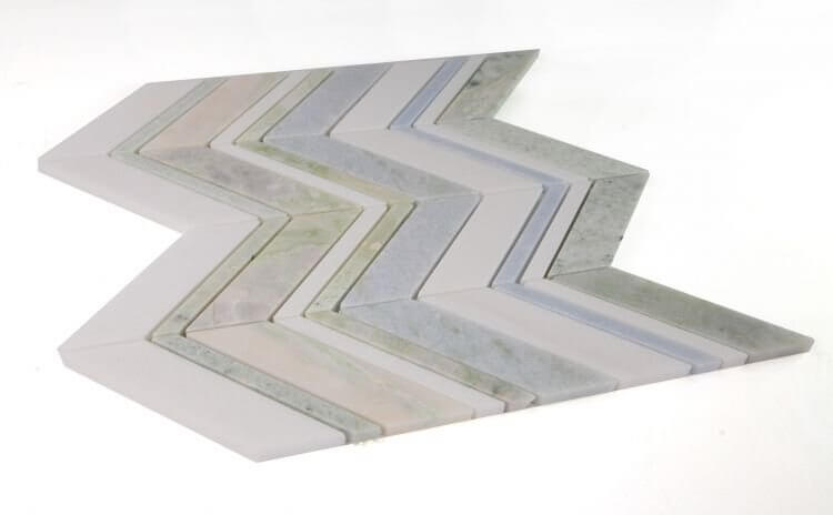 Thassos Spring Blue Chevron polished marble mosaic tile in a chevron pattern, showcasing Green Onyx, Argentina Blue, and White stones.