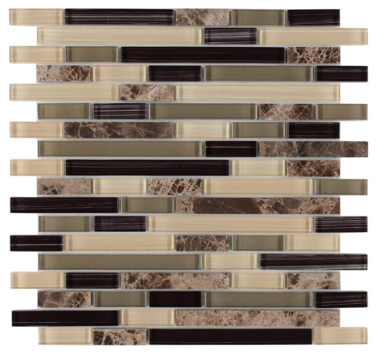 Dark emperador marble and glass mosaic tile in linear brick layout, perfect for modern interiors.