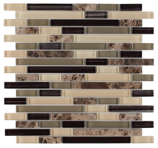 Dark emperador marble and glass mosaic tile in linear brick layout, perfect for modern interiors.