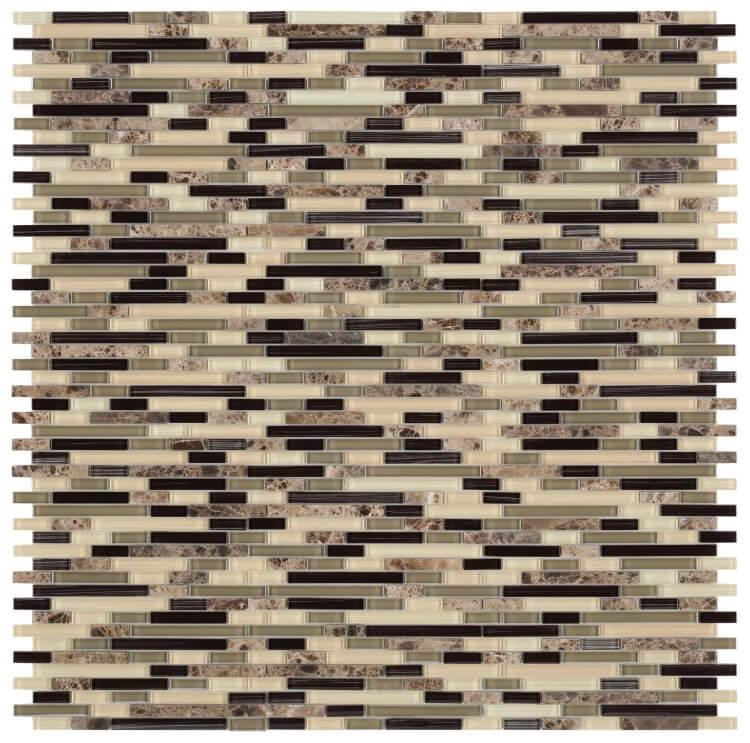 City 11.75 x 12 linear mosaic tile in dark emperador marble and glass, featuring beige, brown, and black colors.