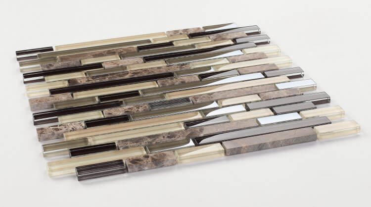 City 11.75 x 12 dark emperador marble and painted glass mosaic in linear brick layout, colors beige, brown, and black.