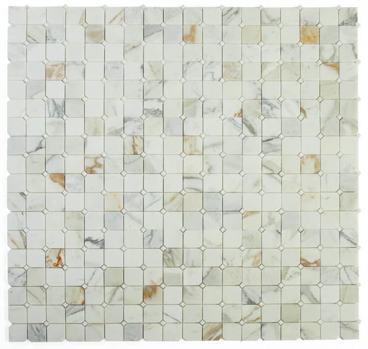 Calacatta Gold 11.75 x 11.75 mosaic tile with polished finish and unique clipped pattern.