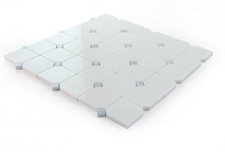 Thassos Blue Diamond Lattice mosaic tile featuring geometric clipped squares in white marble with blue accents.