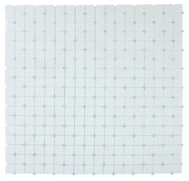 Thassos Blue Diamond Lattice 11.75 x 11.75 mosaic tile with geometric pattern of interlocking clipped squares.
