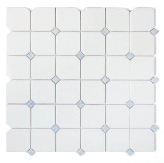 Thassos Blue Diamond 11.75x11.75 mosaic tile featuring geometric clipped pattern of white marble with blue accents.