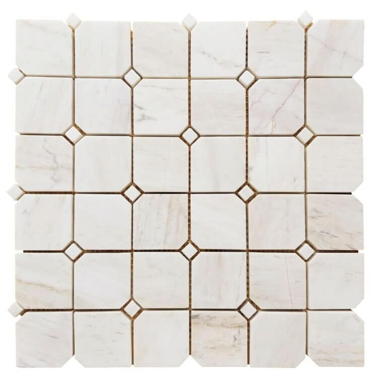 Clipped square white honed marble mosaic, 11.75 x 11.75, beige color, ideal for stylish home decor.