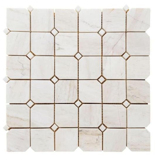 Clipped square white honed marble mosaic, 11.75 x 11.75, beige color, ideal for stylish home decor.
