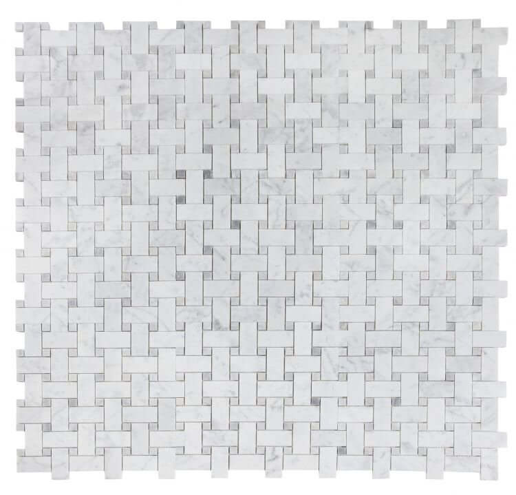 Cross Loft 12x12 Calacatta and Bardiglio Grey marble mosaic in pinwheel pattern, polished finish.