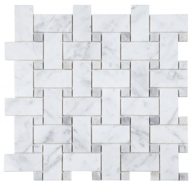 Calacatta Loft 12x12 marble tile in pinwheel pattern, showcasing Italia Carrara White and Bardiglio Grey marbles.
