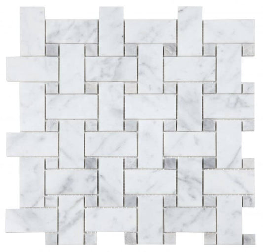 Calacatta Loft 12x12 marble tile in pinwheel pattern, showcasing Italia Carrara White and Bardiglio Grey marbles.