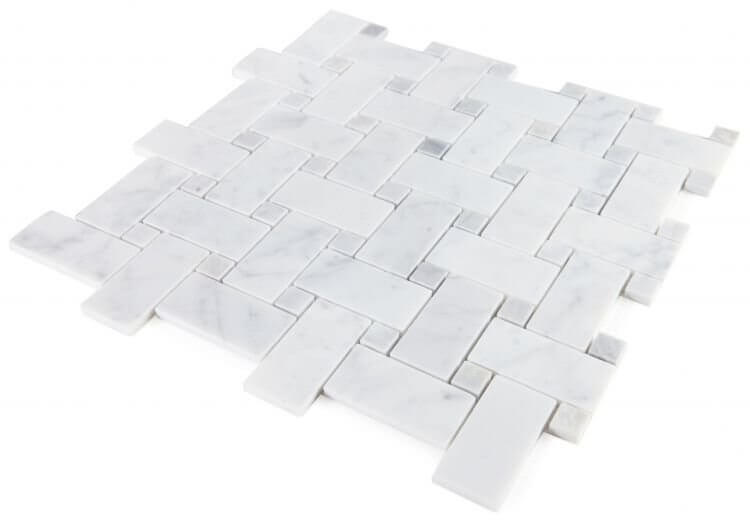 Calacatta Loft 12x12 marble mosaic tiles featuring a pinwheel pattern in polished white and grey.