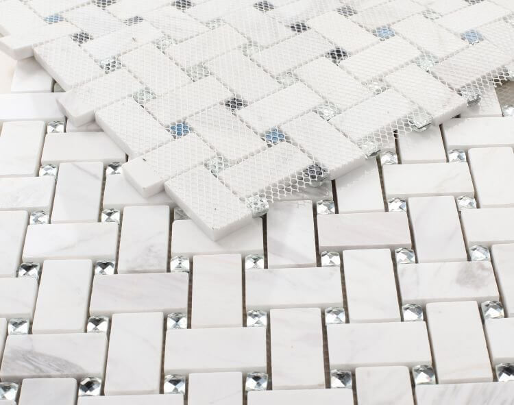 White Volakas marble mosaic tile with clear diamond glass in basket weave pattern, 12x12 size.