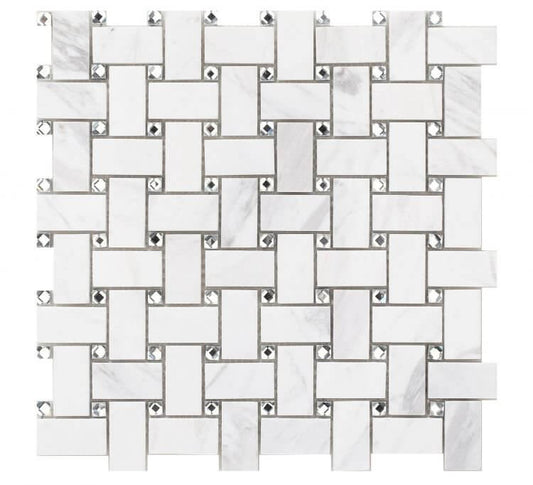 White Volakas marble 1x2" basket weave mosaic with clear diamond glass accents, ideal for elegant interiors.