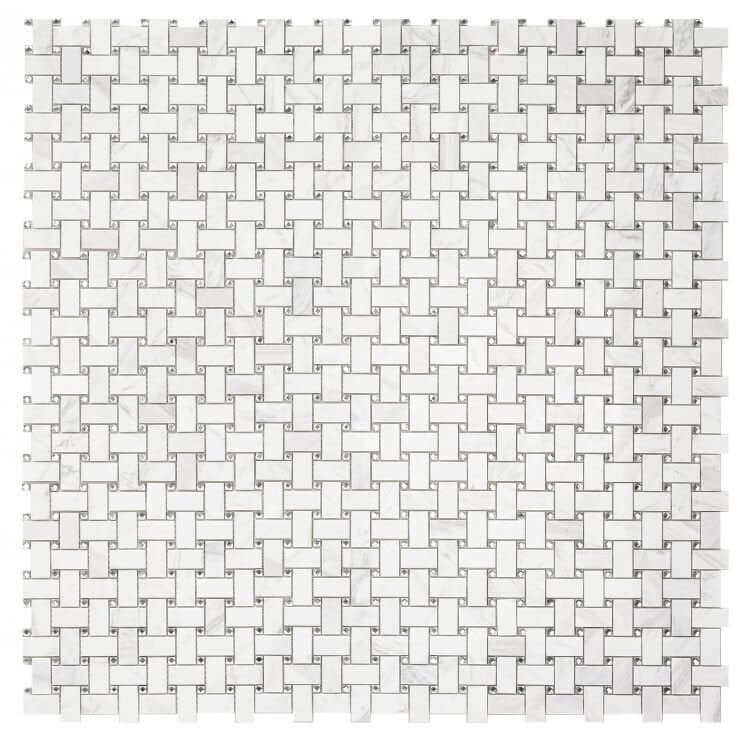 White Volakas marble 1x2" with clear diamond glass in basket weave design, perfect for decorative mosaics.