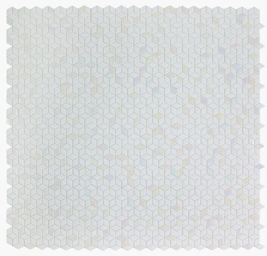 Diamond-shaped white mosaic glass tile, featuring iridescent accents, perfect for swimming pool installations.