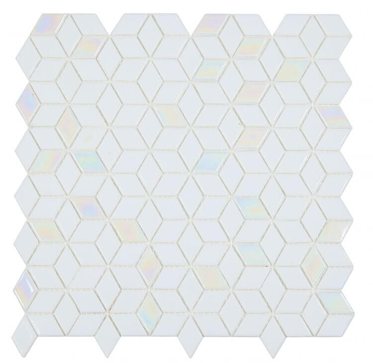 White recycled glass mosaic tile with iridescent pieces, cubic design, ideal for swimming pool installation.