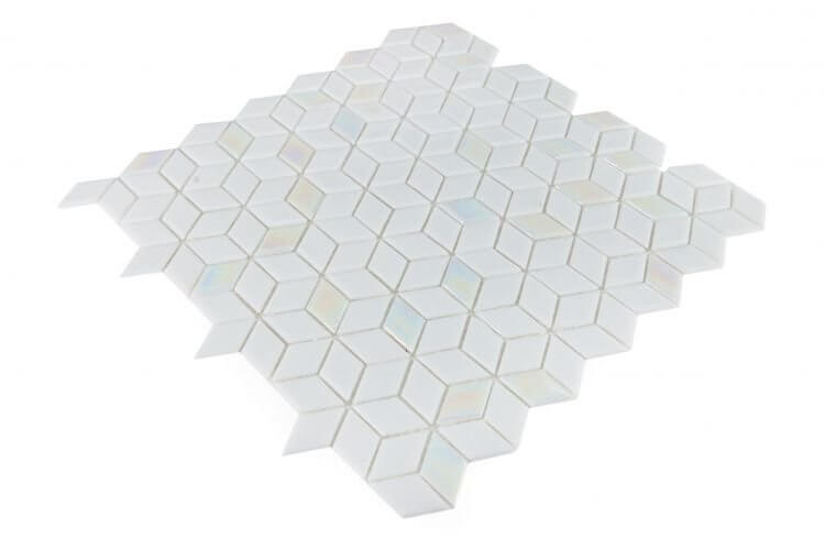Cubed white recycled glass mosaic tiles with iridescent accents, ideal for swimming pool installation.