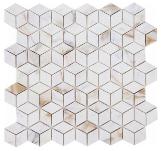 Cubic Calacatta Gold marble mosaic tile in polished finish, 11.75x12, featuring diamond-shaped patterns and a blend of white and gold.