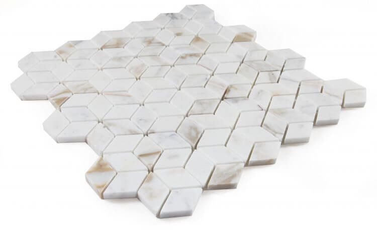 Cubic Calacatta Gold mosaic tiles, diamond-shaped white and gold marble, polished finish, 11.75x12 inches.