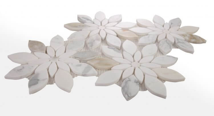 Daisy Bloom Calacatta mosaic tiles featuring flower-shaped design in Calacatta Gold and Thassos marble.