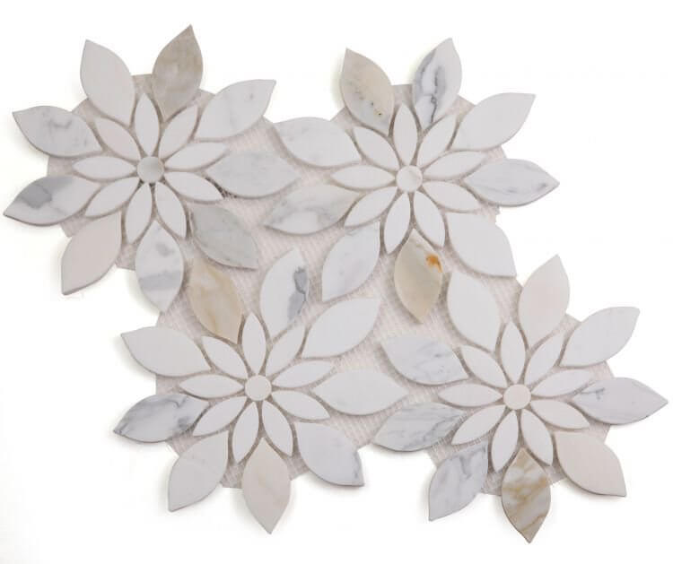 Daisy Bloom Calacatta mosaic tile featuring flower-shaped design, crafted from Calacatta Gold and Thassos marble.