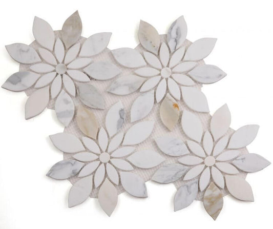 Daisy Bloom Calacatta mosaic tile featuring flower-shaped design, crafted from Calacatta Gold and Thassos marble.