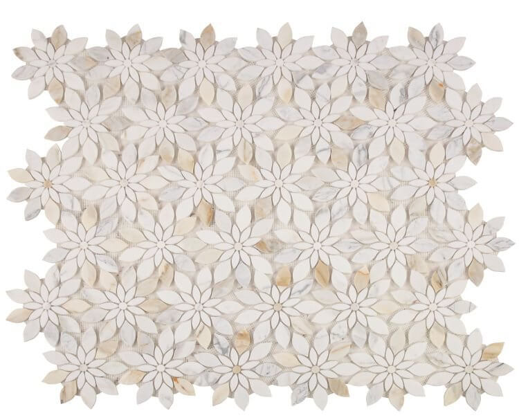 Daisy Bloom Calacatta mosaic tile with flower-shaped design in Calacatta Gold and Thassos marble, 11.75x13.25.