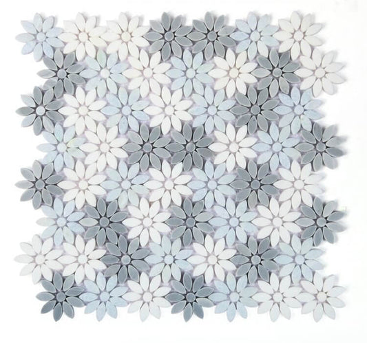 Daisy Crystal Ocean 12.5x13 mosaic tile featuring blue, grey, and white flower designs in polished marble.