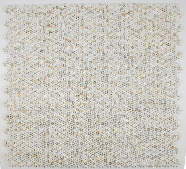 Daisy Wild Calacatta Gold marble mosaic, 12.75 x 13.25, featuring floral patterns in white and gold accents.