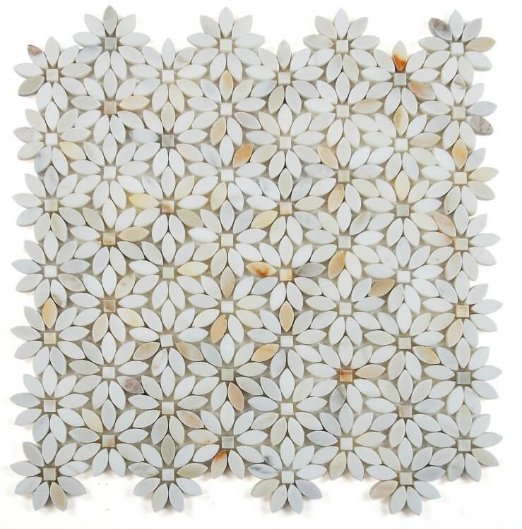 Daisy Wild Calacatta Gold mosaic tile featuring flower pattern in white and gold, 12.75 x 13.25 inches, 3/8" thickness.