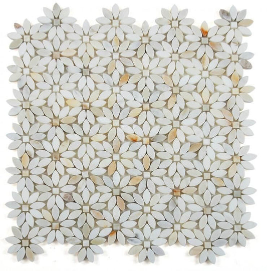 Daisy Wild Calacatta Gold mosaic tile featuring flower pattern in white and gold, 12.75 x 13.25 inches, 3/8" thickness.