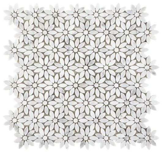 Daisy Wild Carrara marble mosaic tile, 12.50 x 12.75, featuring white flower design with polished finish.