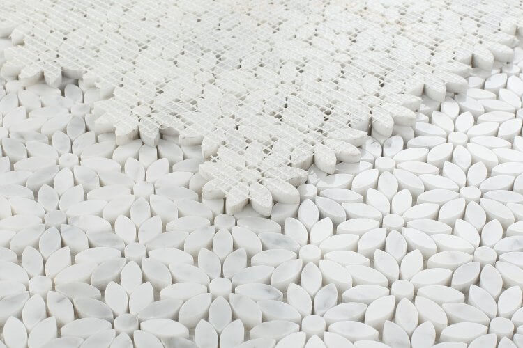 Daisy Wild Carrara marble mosaic tiles in white, polished finish, featuring floral design, perfect for elegant home decor.