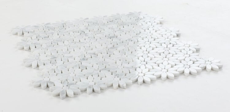 Daisy Wild Carrara polished white marble mosaic tiles, 12.50 x 12.75, flower design, ideal for elegant interior decor.